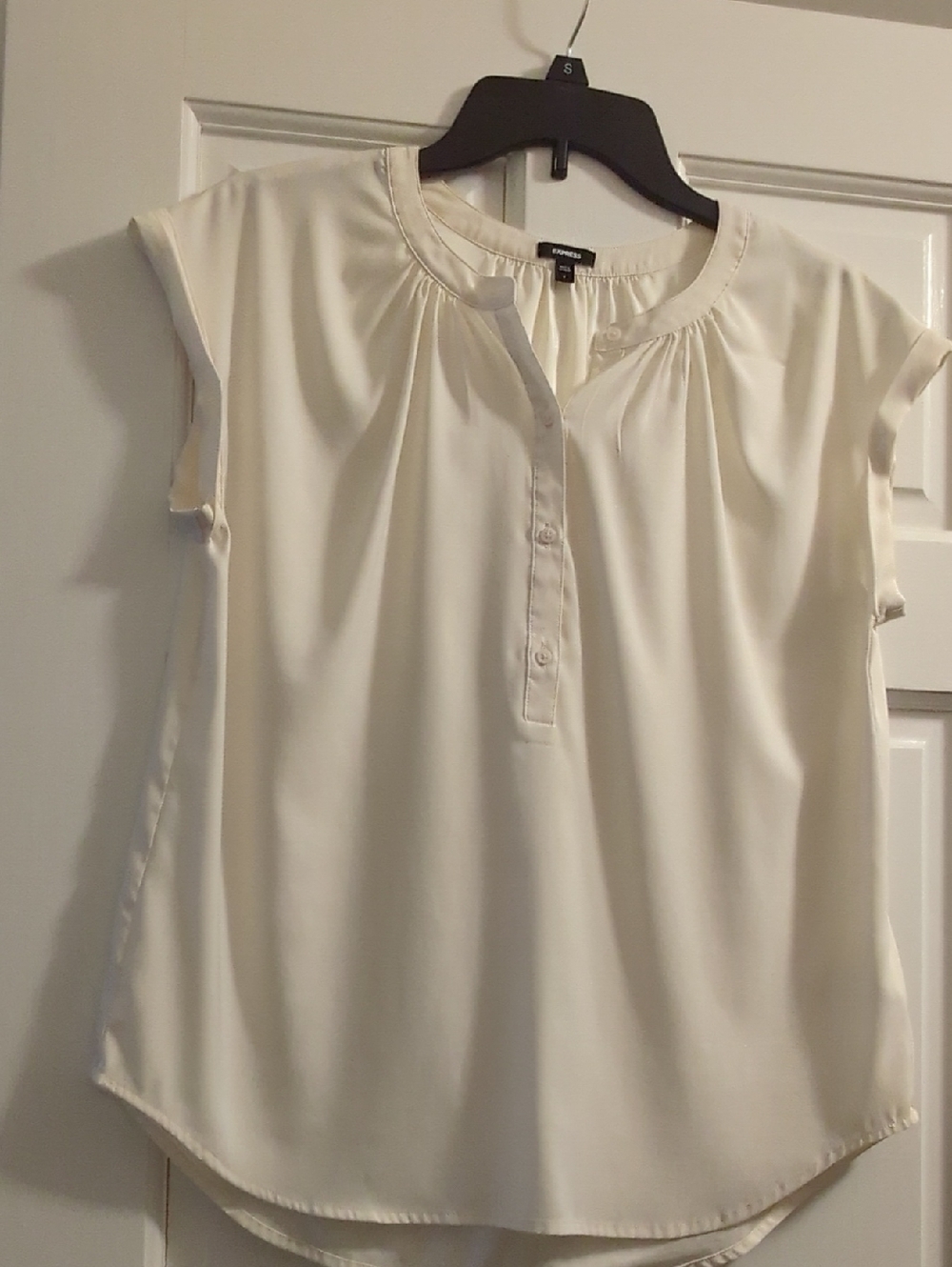 Express Cream Cap-Sleeve Henley Blouse